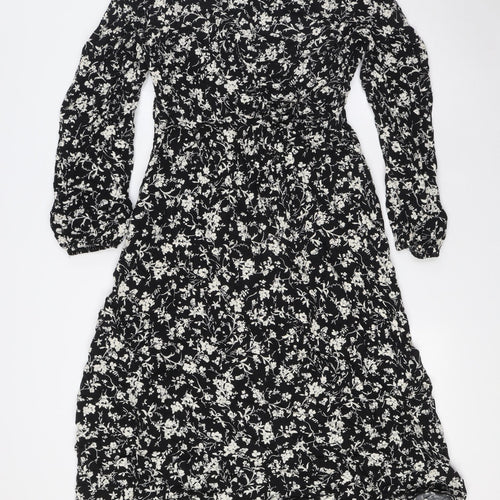 New Look Womens Black Floral Viscose A-Line Size 16 Scoop Neck Zip