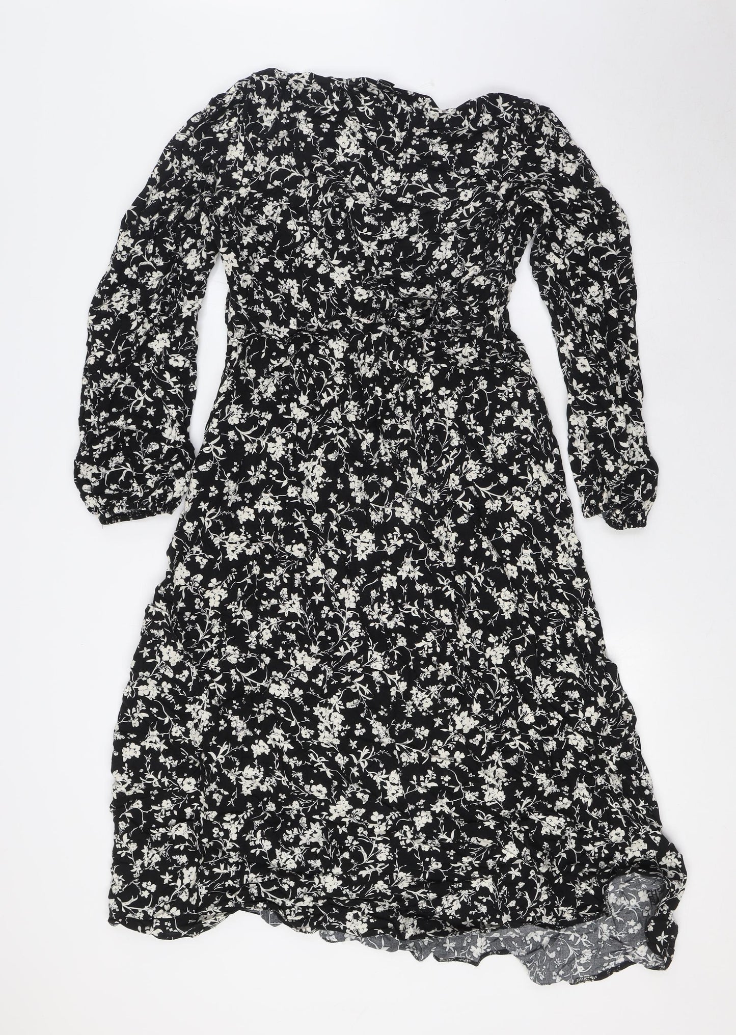 New Look Womens Black Floral Viscose A-Line Size 16 Scoop Neck Zip