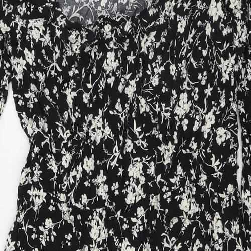 New Look Womens Black Floral Viscose A-Line Size 16 Scoop Neck Zip