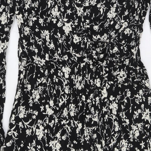 New Look Womens Black Floral Viscose A-Line Size 16 Scoop Neck Zip