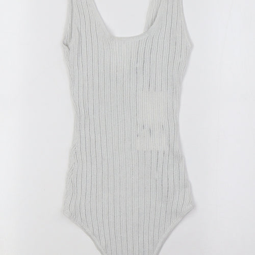 Zara Womens White Polyester Bodysuit One-Piece Size S Snap - Ribbed