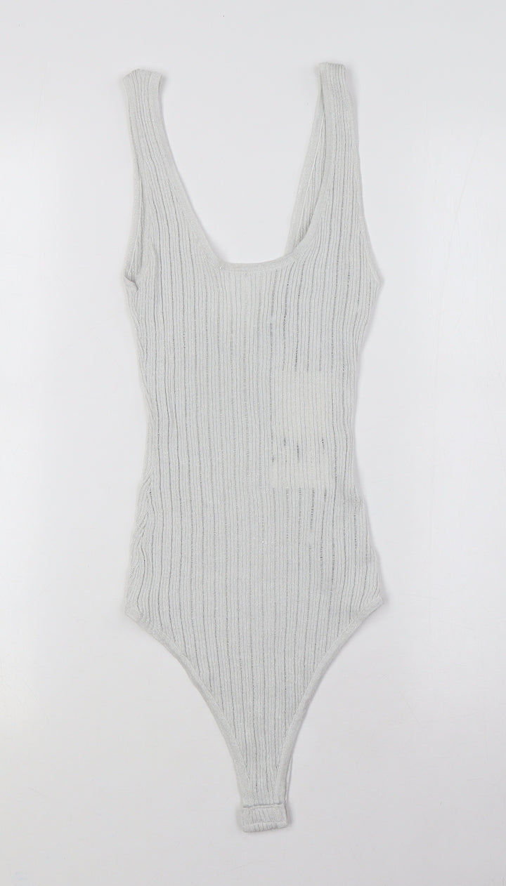 Zara Womens White Polyester Bodysuit One-Piece Size S Snap - Ribbed