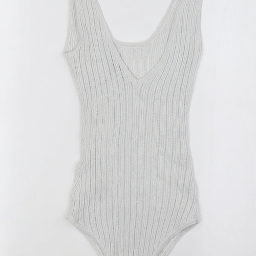 Zara Womens White Polyester Bodysuit One-Piece Size S Snap - Ribbed