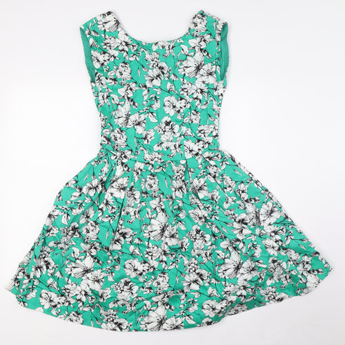 Louche Womens Green Floral Cotton A-Line Size 8 Boat Neck Zip - Pockets