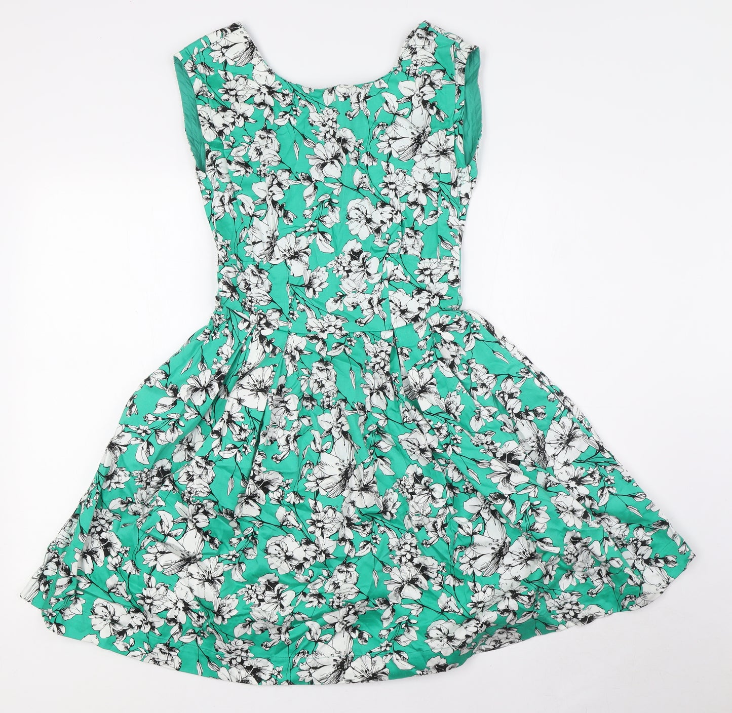 Louche Womens Green Floral Cotton A-Line Size 8 Boat Neck Zip - Pockets