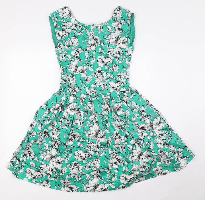 Louche Womens Green Floral Cotton A-Line Size 8 Boat Neck Zip - Pockets