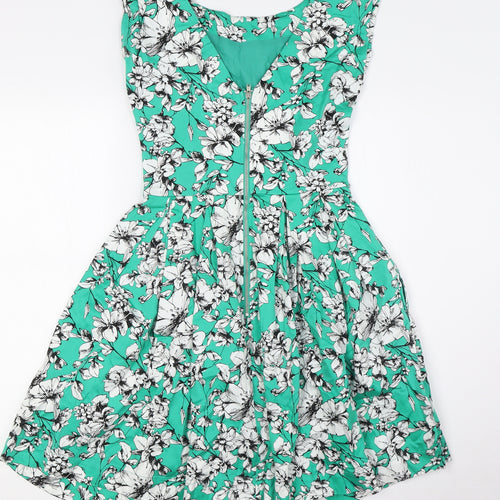 Louche Womens Green Floral Cotton A-Line Size 8 Boat Neck Zip - Pockets