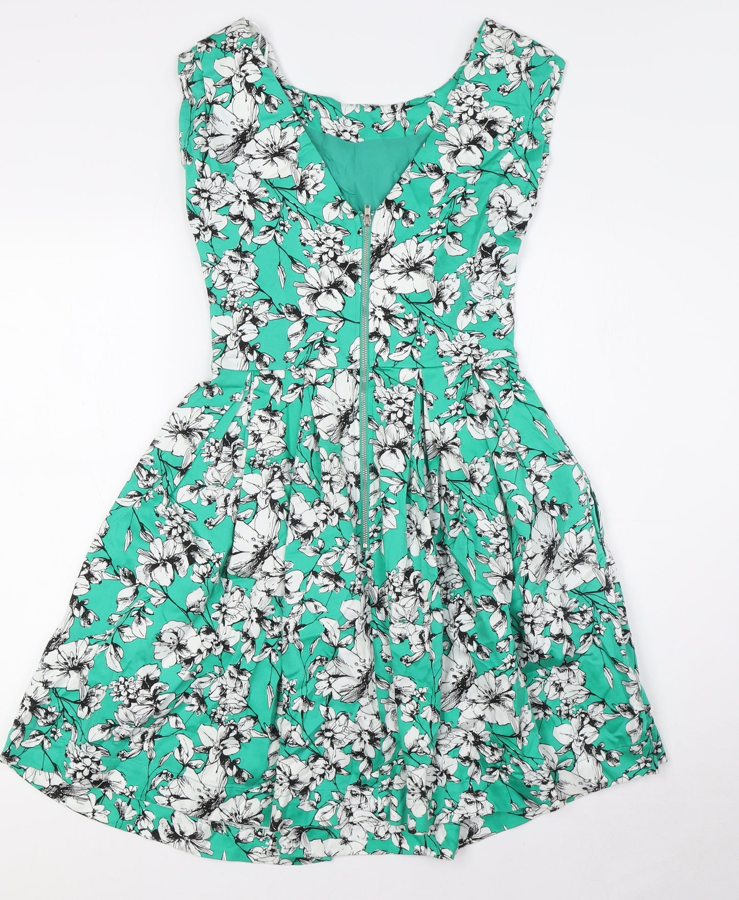 Louche Womens Green Floral Cotton A-Line Size 8 Boat Neck Zip - Pockets