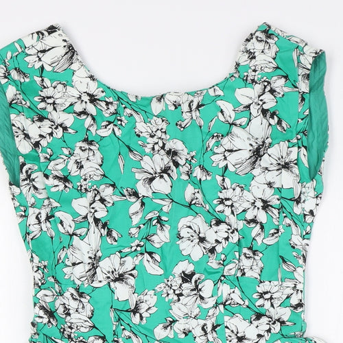 Louche Womens Green Floral Cotton A-Line Size 8 Boat Neck Zip - Pockets
