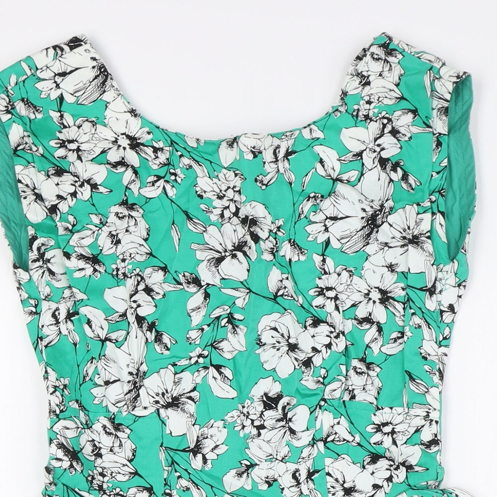 Louche Womens Green Floral Cotton A-Line Size 8 Boat Neck Zip - Pockets