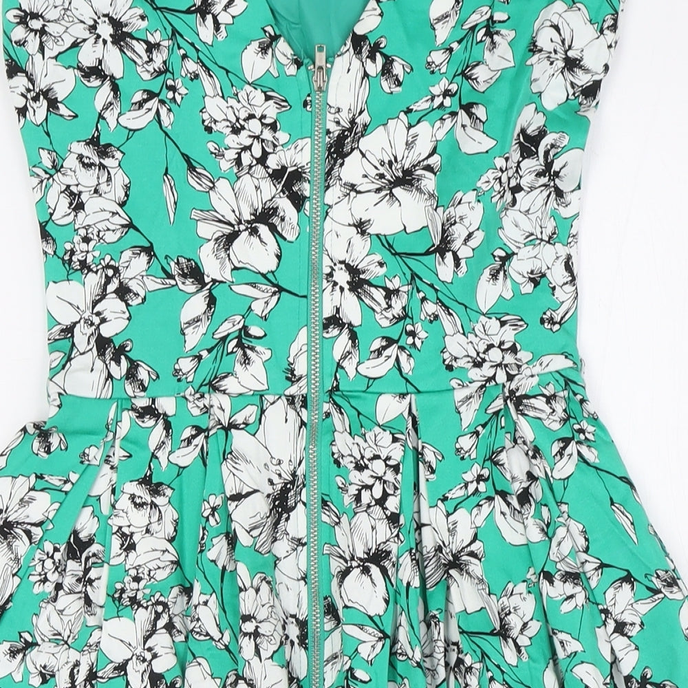 Louche Womens Green Floral Cotton A-Line Size 8 Boat Neck Zip - Pockets
