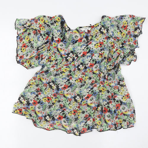 New London Womens Multicoloured Floral Viscose Basic Button-Up Size 8 Round Neck