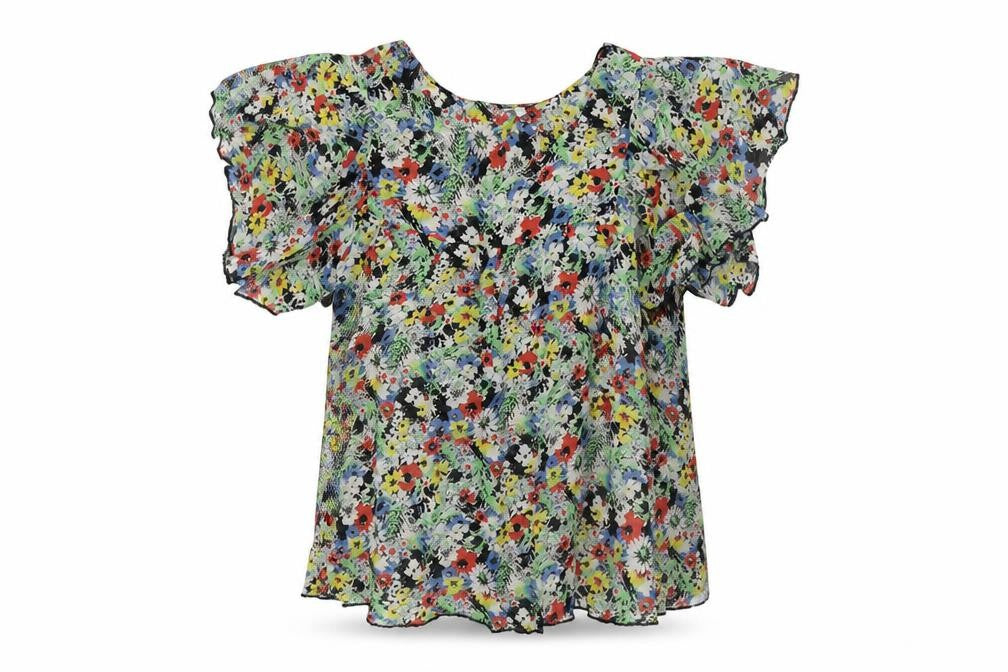 Front view of New London women’s multicoloured floral viscose basic button-up, size UK 8, round neck