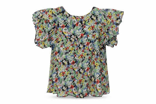 Front view of New London women’s multicoloured floral viscose basic button-up, size UK 8, round neck