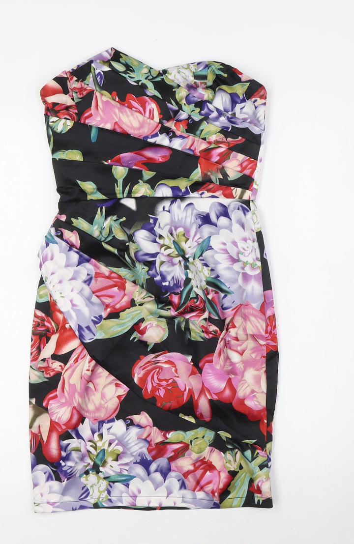 Lipsy Womens Multicoloured Floral Polyester Bodycon Size 6 Off the Shoulder Zip - Wrap Effect