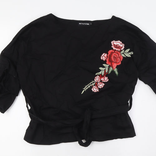 PRETTYLITTLETHING Womens Black Cotton Basic Button-Up Size M Boat Neck - Floral Embellished