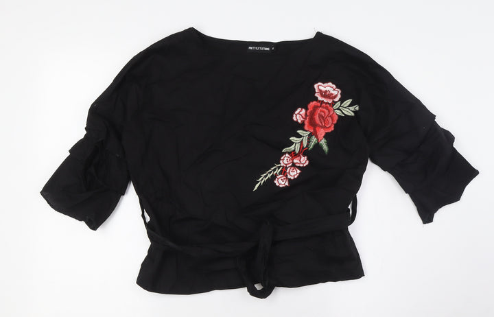 PRETTYLITTLETHING Womens Black Cotton Basic Button-Up Size M Boat Neck - Floral Embellished