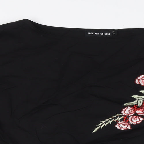 PRETTYLITTLETHING Womens Black Cotton Basic Button-Up Size M Boat Neck - Floral Embellished