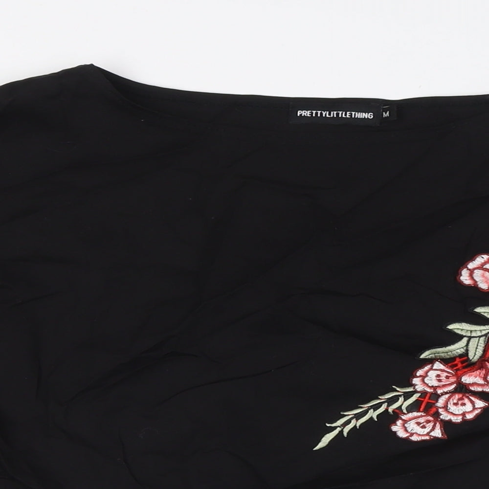 PRETTYLITTLETHING Womens Black Cotton Basic Button-Up Size M Boat Neck - Floral Embellished
