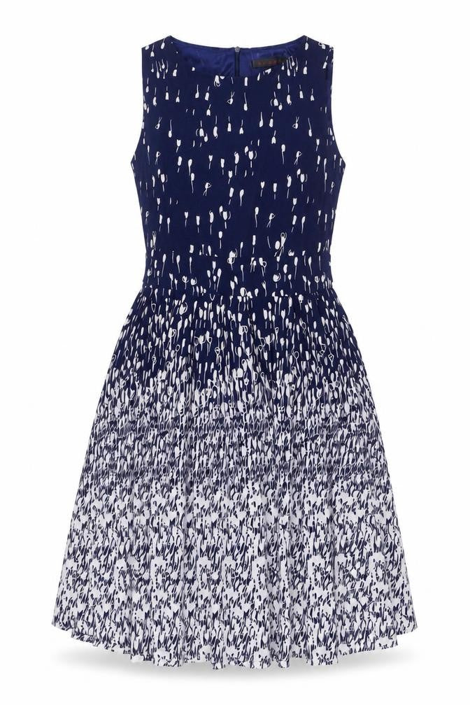 Front view of Tenki women’s blue polyester a-line, size UK 8, round neck zip