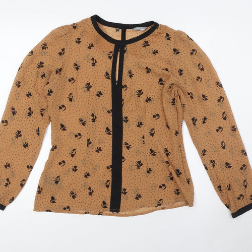 Marks and Spencer Womens Brown Floral Polyester Basic Button-Up Size 10 Round Neck