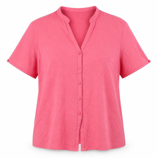 Front view of EWM women’s pink polyester basic button-up, size UK 18, v-neck