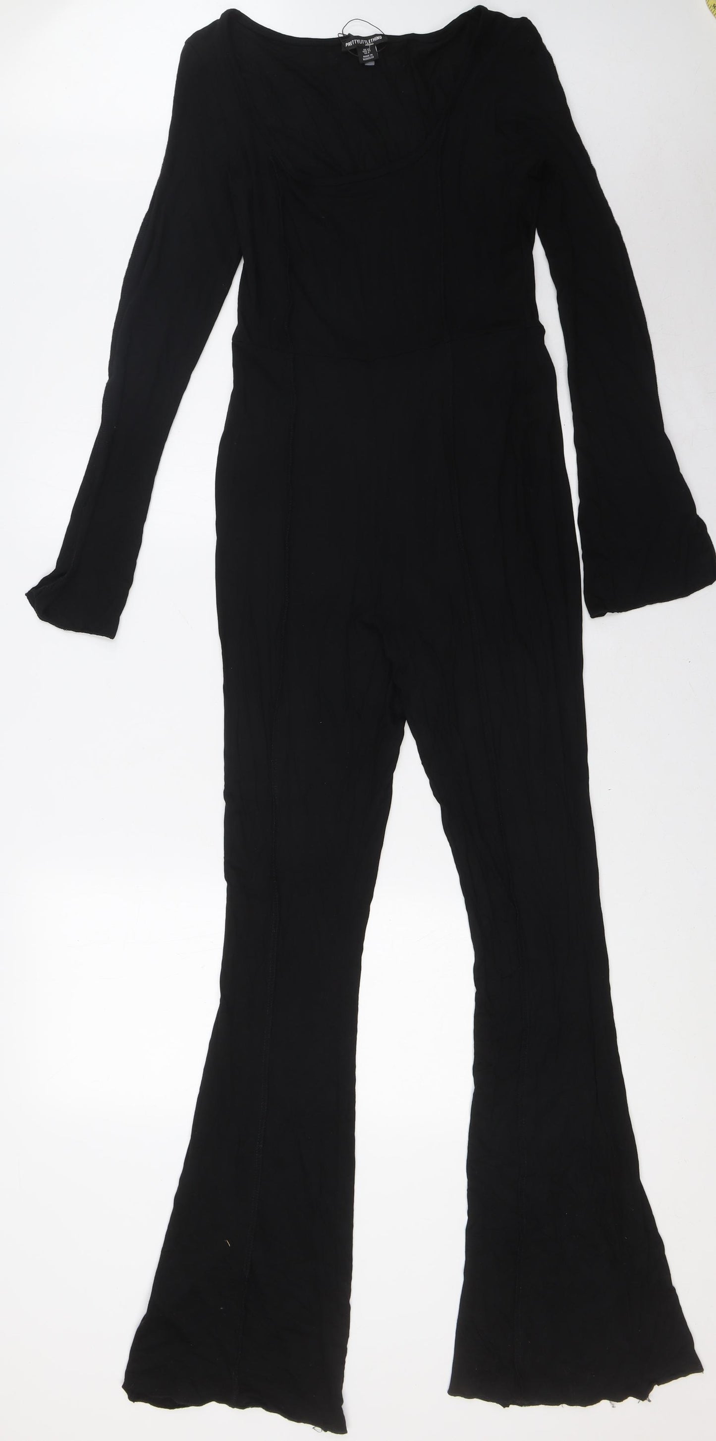 PRETTYLITTLETHING Womens Black Viscose Jumpsuit One-Piece Size 12 L33 in