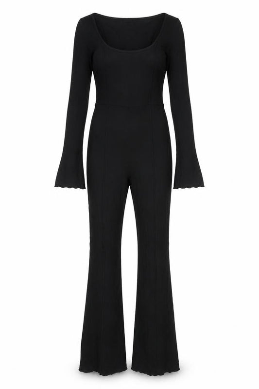 Front view of PRETTYLITTLETHING women’s black viscose jumpsuit one-piece, size UK 12, 33-inch leg