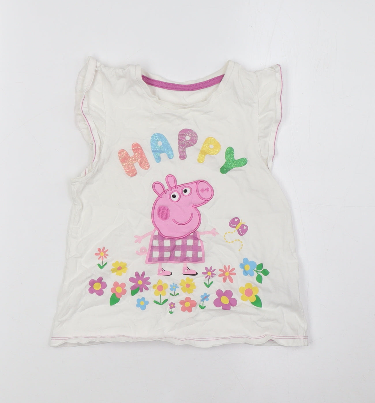 Mothercare Girls Ivory Cotton Basic T-Shirt Size 5-6 Years Crew Neck - Pepper Pig