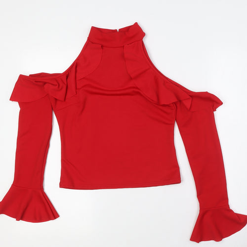 Boohoo Womens Red Polyester Basic Button-Up Size 10 Mock Neck - Cold Shoulder