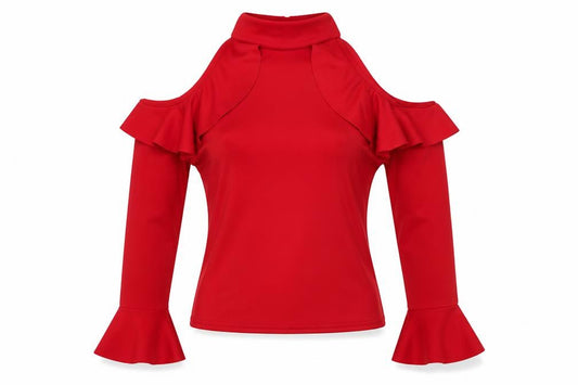 Front view of Boohoo women’s red polyester basic button-up, size UK 10, mock neck - cold shoulder
