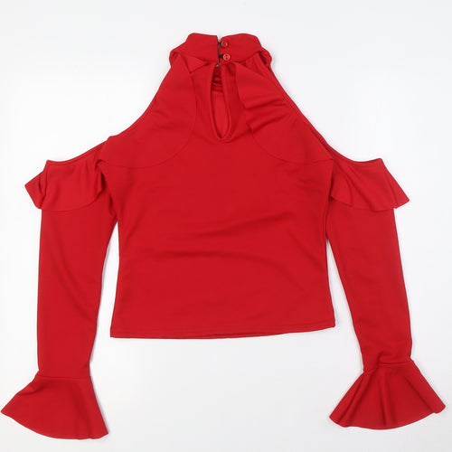 Boohoo Womens Red Polyester Basic Button-Up Size 10 Mock Neck - Cold Shoulder