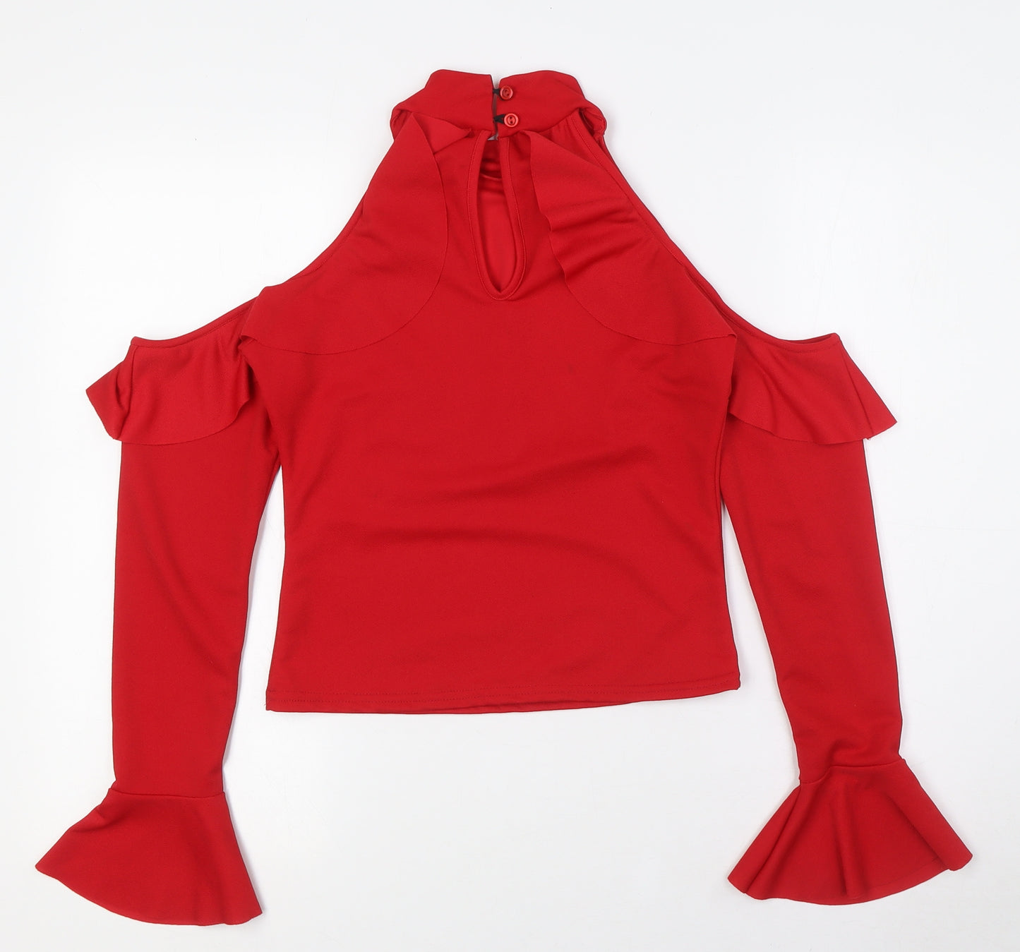 Boohoo Womens Red Polyester Basic Button-Up Size 10 Mock Neck - Cold Shoulder