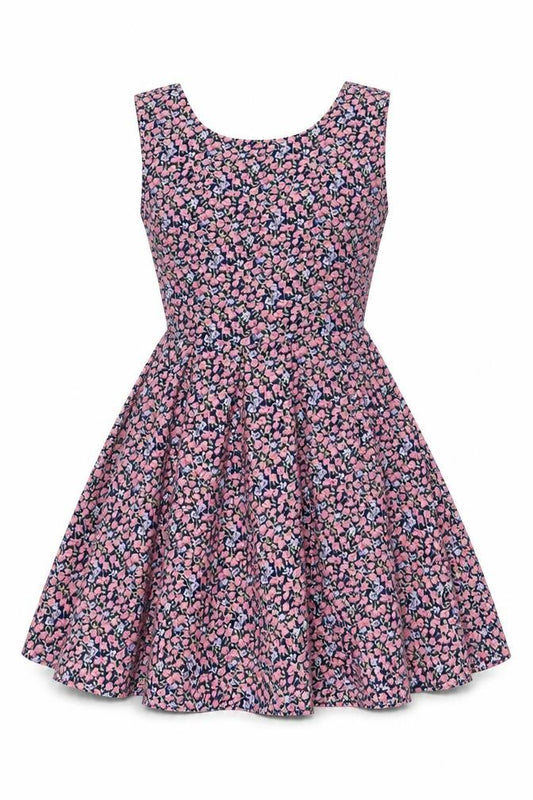 Front view of Mela Loves London women’s multicoloured floral polyester a-line, size UK 8, scoop neck zip - bow back detail