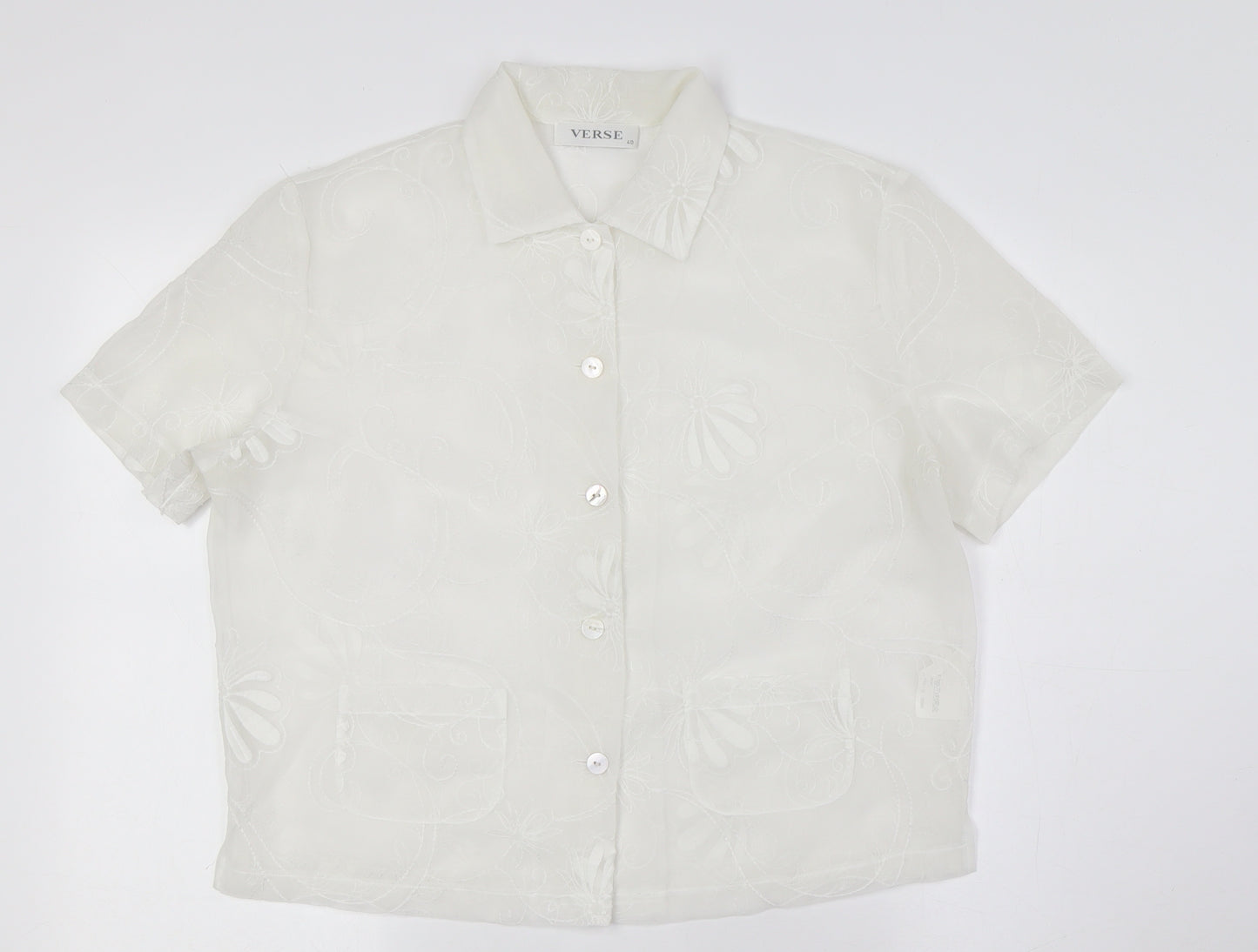 Verse Womens Ivory Polyester Basic Button-Up Size 12 Collared - Sheer, Pockets