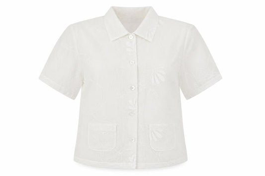 Front view of Verse women’s ivory polyester basic button-up, size UK 12, collared - sheer, pockets