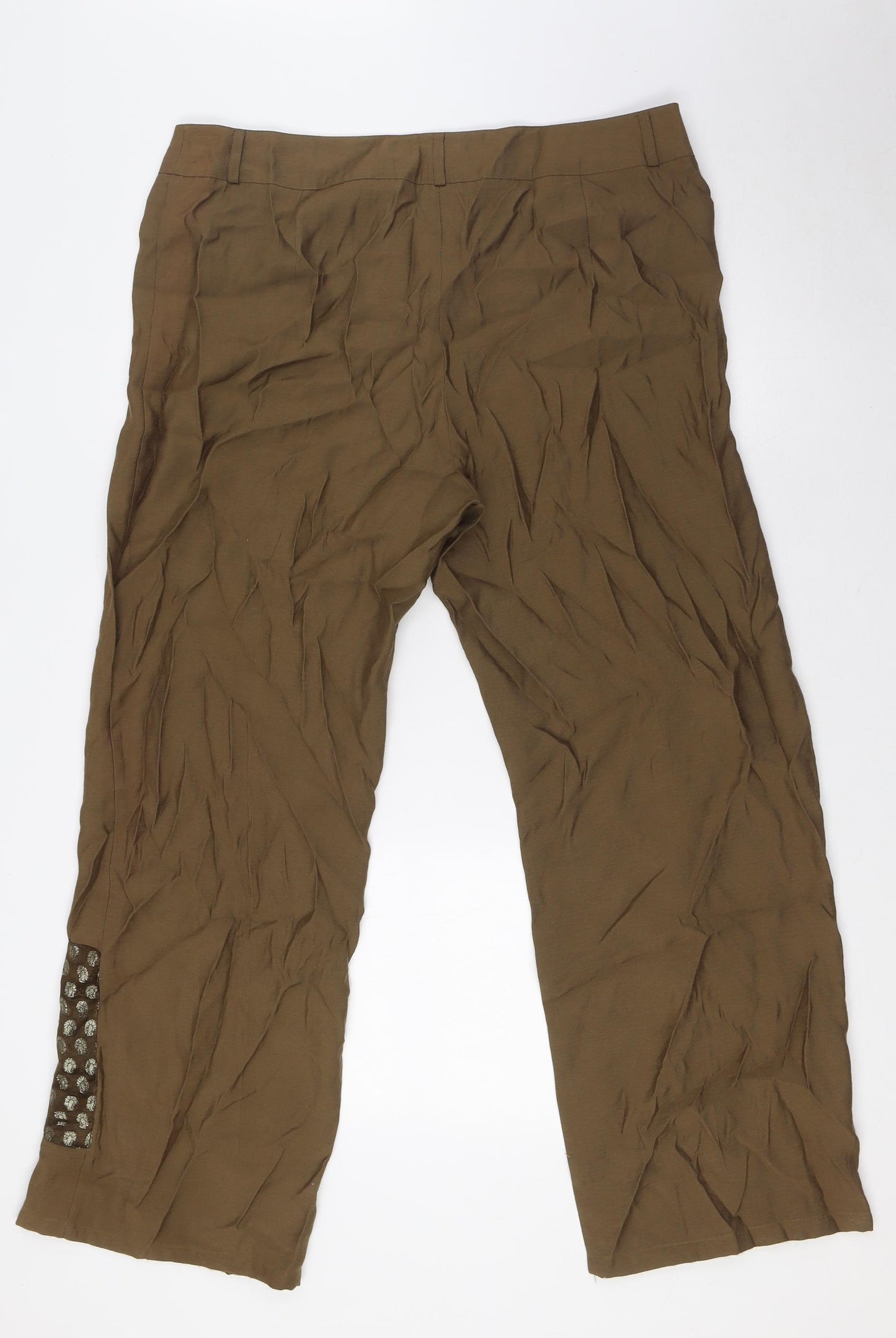 Creation Womens Green Viscose Trousers Size 18 L29 in Regular Zip - Gold Detail On front