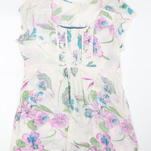 I am happy so Womens Multicoloured Floral Cotton Basic Button-Up Size 12 Scoop Neck