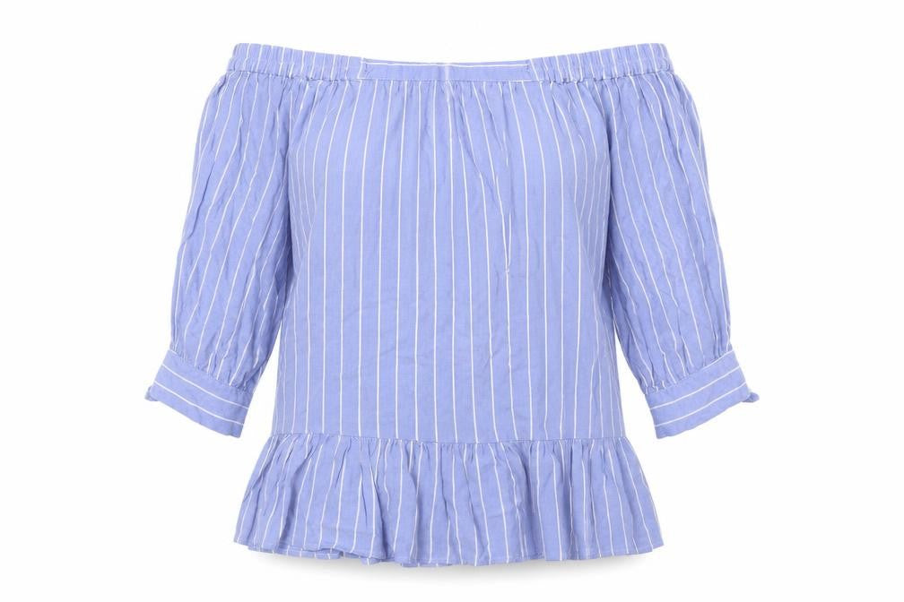 Front view of Saint Tropez women’s blue striped viscose basic button-up, size M, off the shoulder