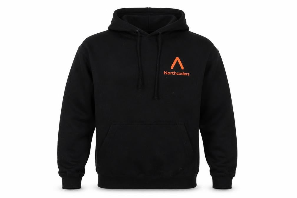 Front view of JustHoods men’s black cotton pullover hoodie, size S