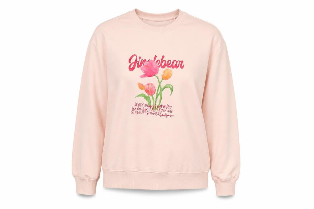 Front view of Remixed women’s pink cotton pullover sweatshirt, size L