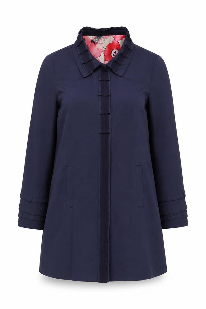 Front view of Per Una women’s blue overcoat coat, size UK 16, button