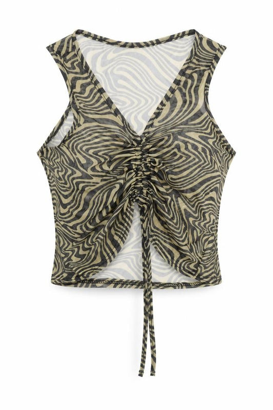Front view of PRETTYLITTLETHING women’s beige polyester cropped tank, size UK 12, v-neck