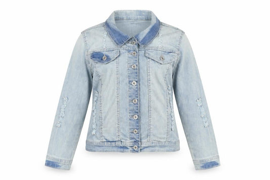 Front view of Denim Club women’s blue biker jacket, size UK 12, button