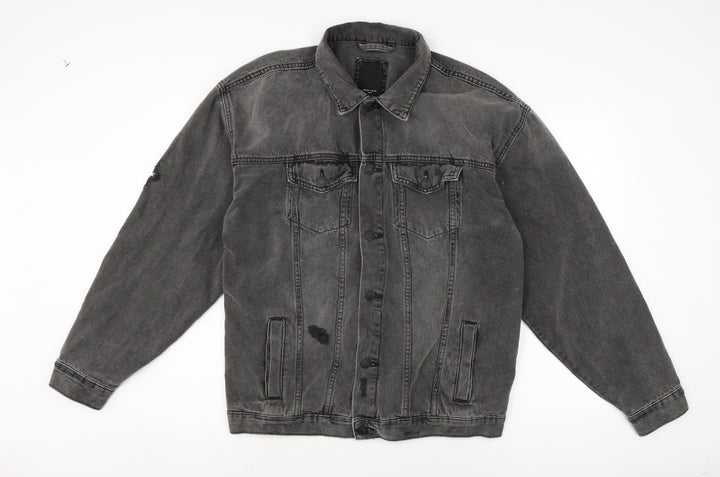 New Look Mens Grey Biker Coatigan Size M Button - Distressed