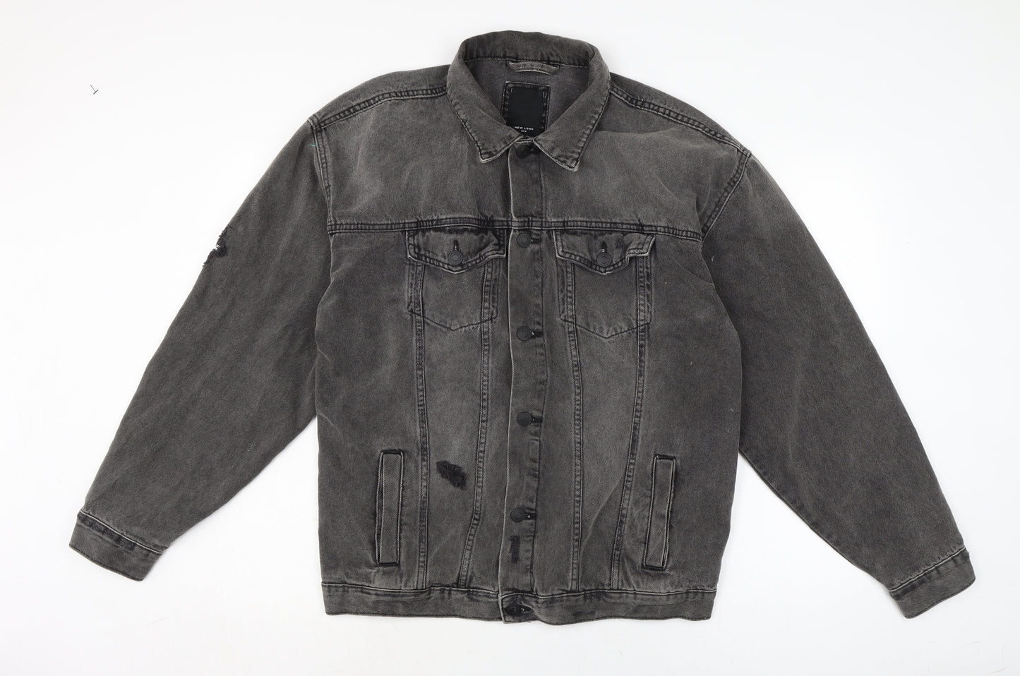 New Look Mens Grey Biker Coatigan Size M Button - Distressed