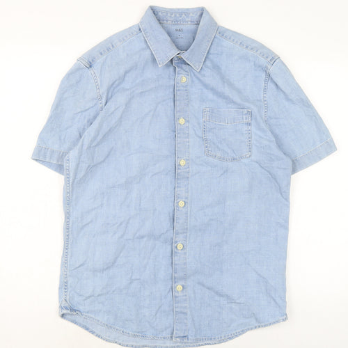 Marks and Spencer Mens Blue Cotton Button-Up Size M Collared Button