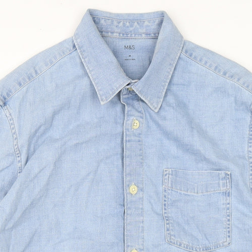 Marks and Spencer Mens Blue Cotton Button-Up Size M Collared Button