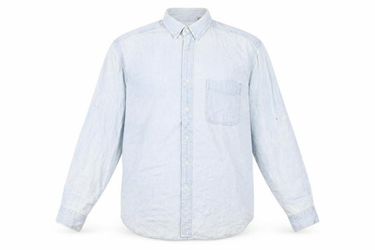 Front view of American Eagle men’s blue cotton button-up, size L, collared button