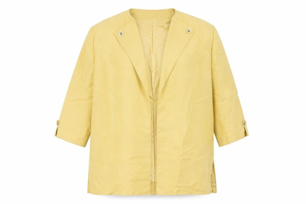 Front view of Hardob women’s yellow kimono jacket, size UK 18